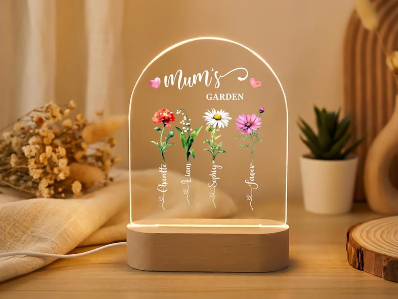 Mom's Garden Birth Flower Led Acrylic Night Light, Personalized Names Plaque, Mother's Day Gift, Mom Bedside Lamp, Custom Family Floral Decor