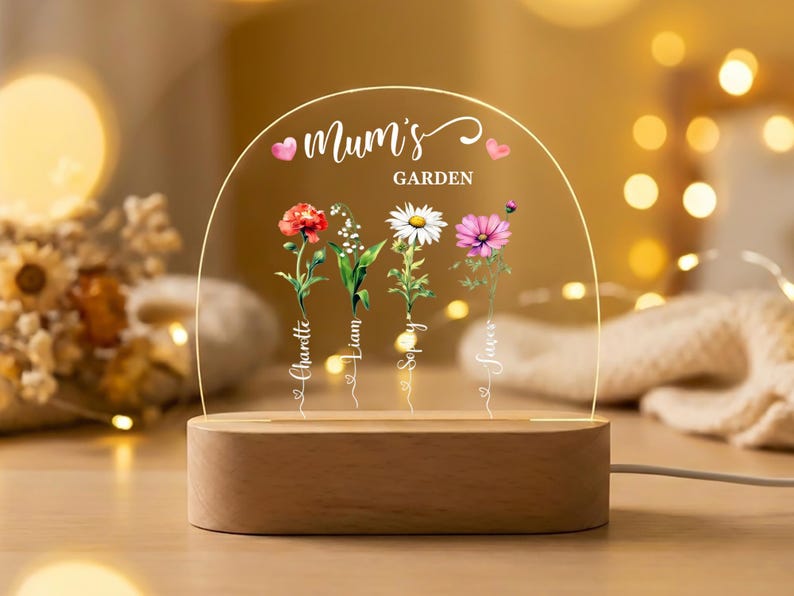 Mom's Garden Birth Flower Led Acrylic Night Light, Personalized Names Plaque, Mother's Day Gift, Mom Bedside Lamp, Custom Family Floral Decor
