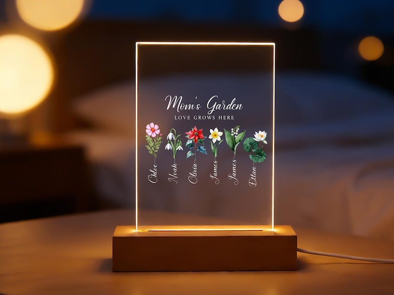 Personalized Acrylic Led Night Light For Mom, Mom's Garden Birth Flower Names Lamp, Custom Names Gift For Mother, Family Keepsake