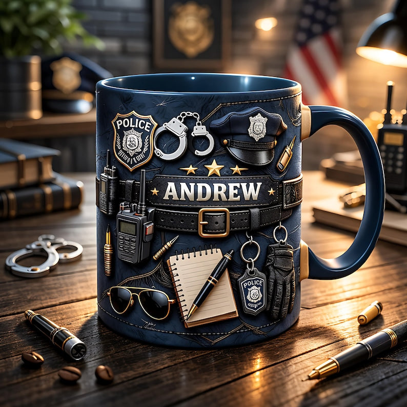 Personalized Police Officer Mug, Custom Name Cop Coffee Cup, Law Enforcement Gift for Him, Officer Andrew Mug, Police Appreciation Gift