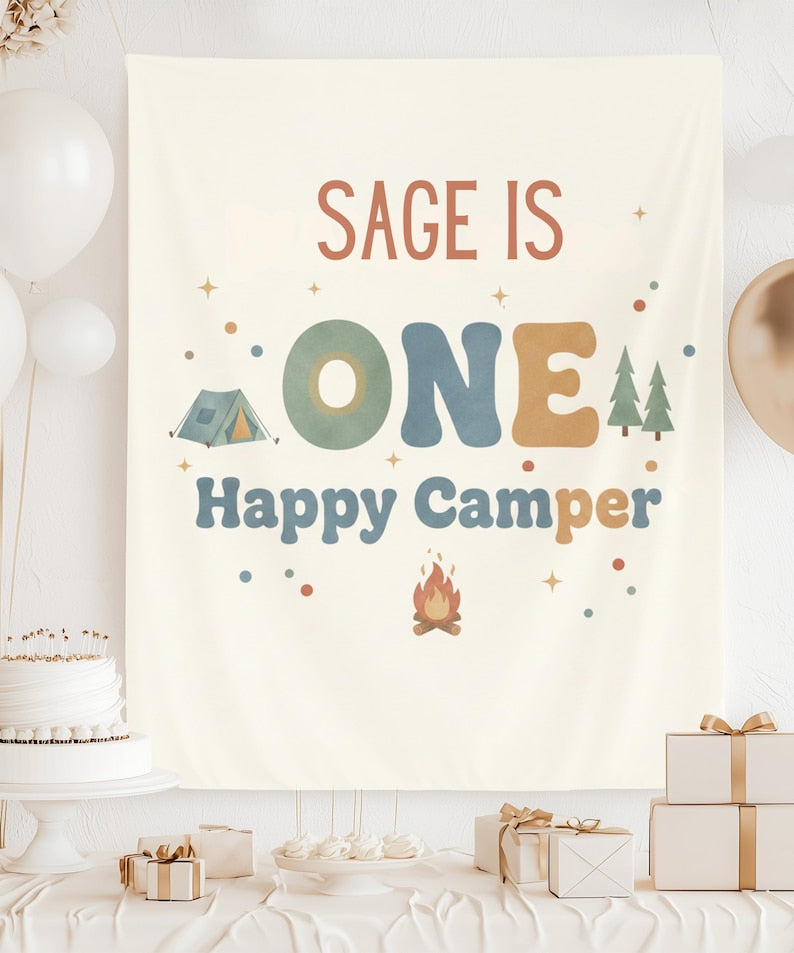 Personalized One Happy Camper First Birthday Backdrop Tapestry, Camping 1st Birthday Banner, Custom Name Sign, Camp Party Decor