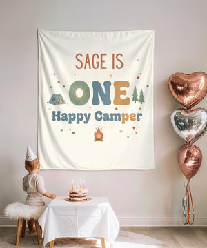 Personalized One Happy Camper First Birthday Backdrop Tapestry, Camping 1st Birthday Banner, Custom Name Sign, Camp Party Decor