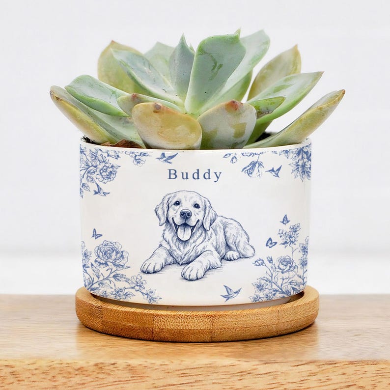 Toile De Jouy Flower Pet Photo - Custom Pet Flower Pot, Personalized Pet Memorial Planter, Dog Loss Remembrance Gift,Dog Lover, Dog Mom Gift