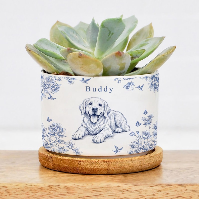 Toile De Jouy Pet Photo Planter Custom Memorial Flower Pot, Dog Loss Keepsake, Pet Planter Pot, Dog Mom Gift