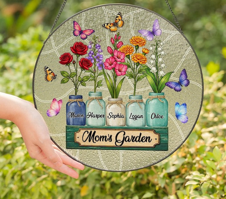 Custom Wildflower Stained Glass Suncatcher Spring Floral Window Hanging with Butterfly Personalized Garden SunCatcher Decor