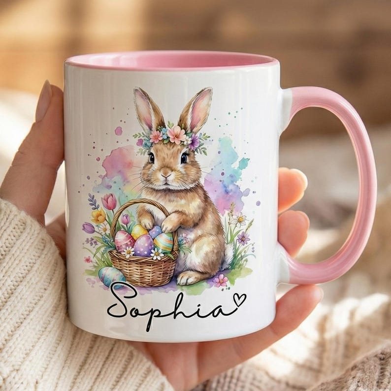 Custom Easter Rabbit Accent Mug, Bunny Egg Floral Coffee Cup, Hoppy Easter Day Gift, Personalized Mother's Day Gift Mug