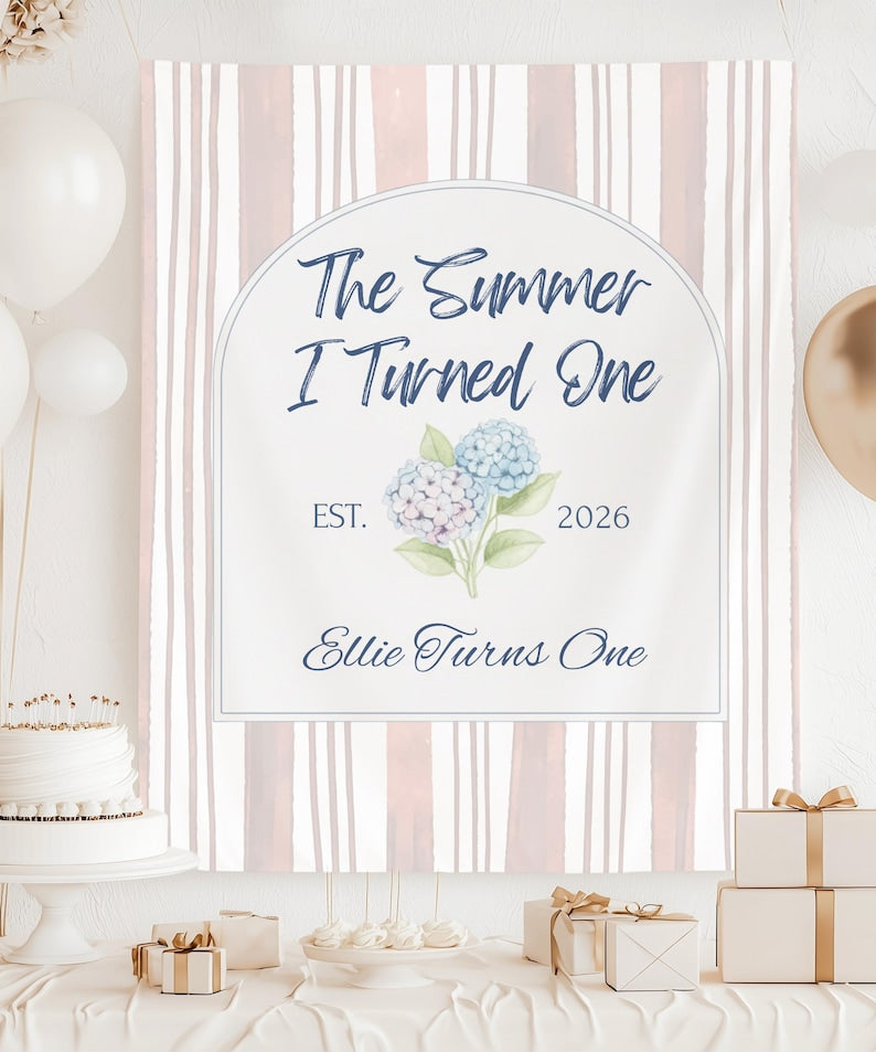 The Summer I Turned One Birthday Backdrop Banner, Sage Green Stripe Tapestry, Summer First Birthday Party Decor, Garden Floral 1st Birthday