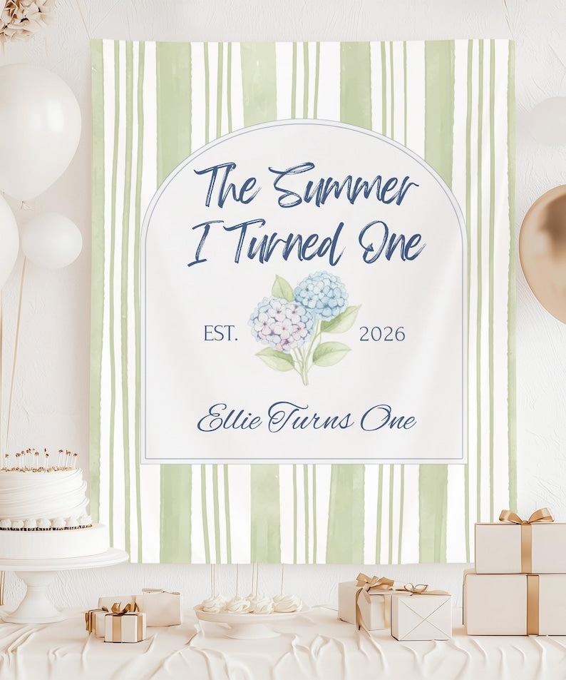The Summer I Turned One Birthday Backdrop Banner, Sage Green Stripe Tapestry, Summer First Birthday Party Decor, Garden Floral 1st Birthday