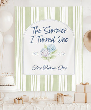 The Summer I Turned One Birthday Backdrop Banner, Sage Green Stripe Tapestry, Summer First Birthday Party Decor, Garden Floral 1st Birthday