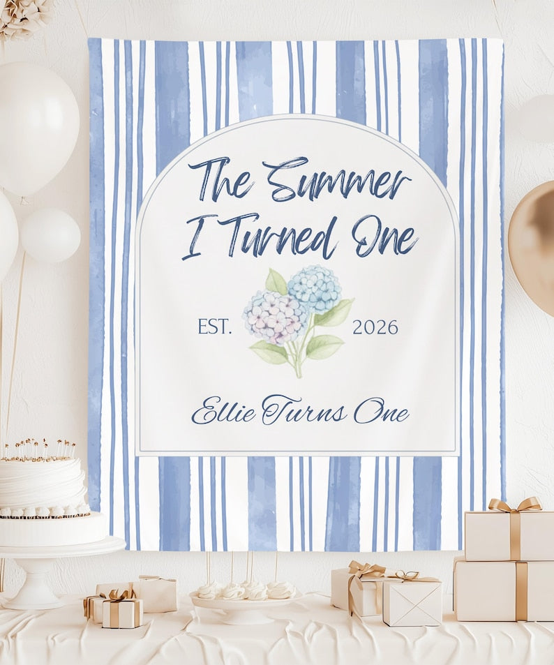 The Summer I Turned One Birthday Backdrop Banner, Sage Green Stripe Tapestry, Summer First Birthday Party Decor, Garden Floral 1st Birthday