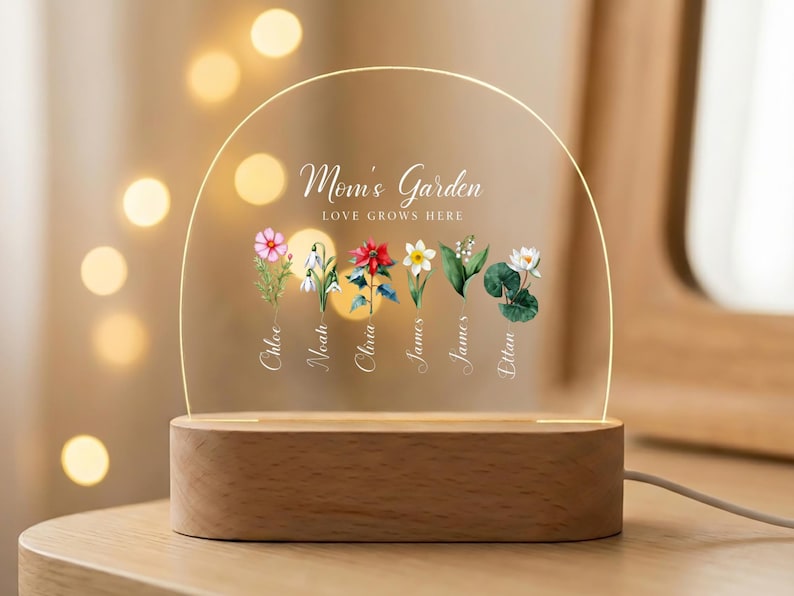 Personalized Acrylic Led Night Light For Mom, Mom's Garden Birth Flower Names Lamp, Custom Names Gift For Mother, Family Keepsake