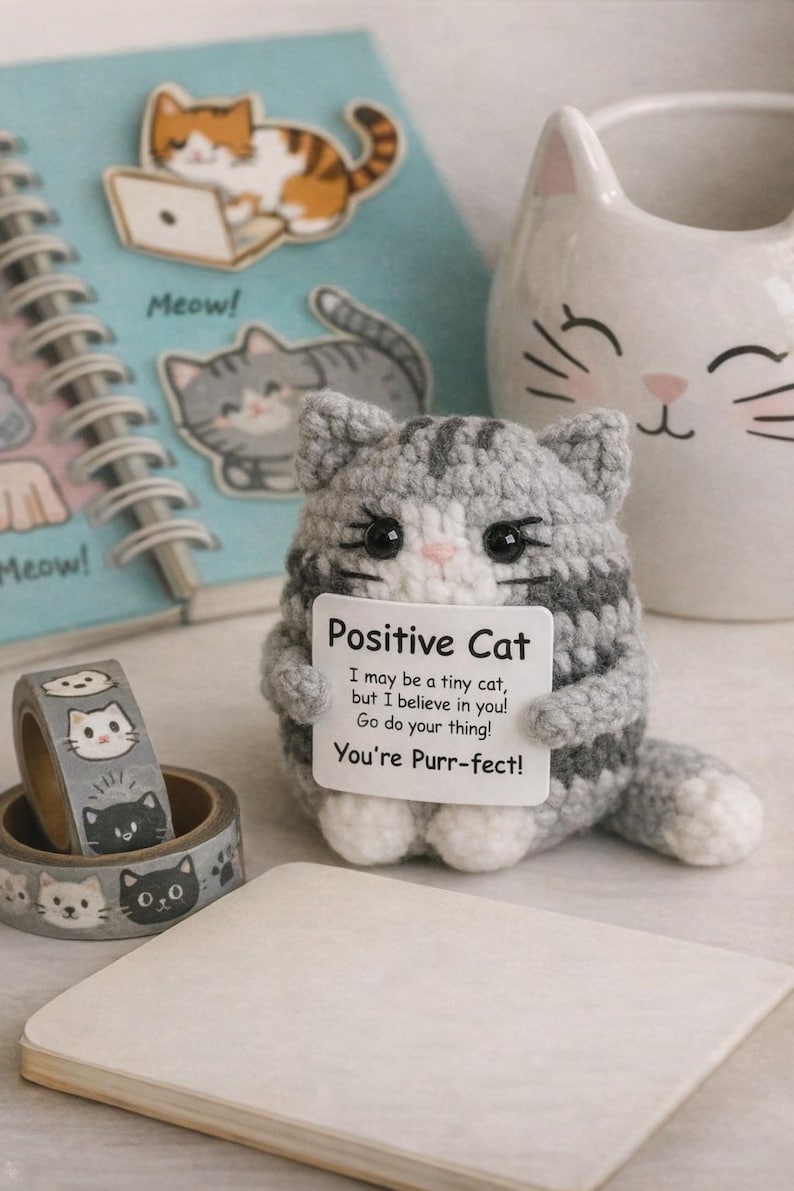 Positive Cat Crochet Plush Cat Lover Gift, Motivational Desk Decor, Small Handmade Cat Gift for Her