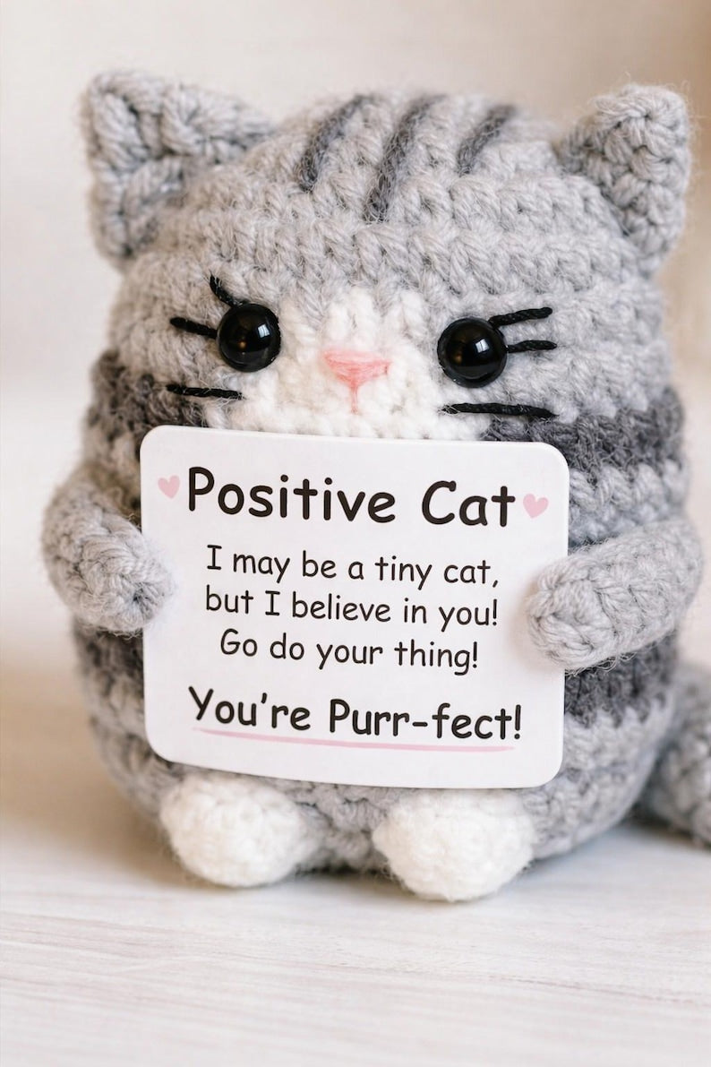 Positive Cat Crochet Plush Cat Lover Gift, Motivational Desk Decor, Small Handmade Cat Gift for Her