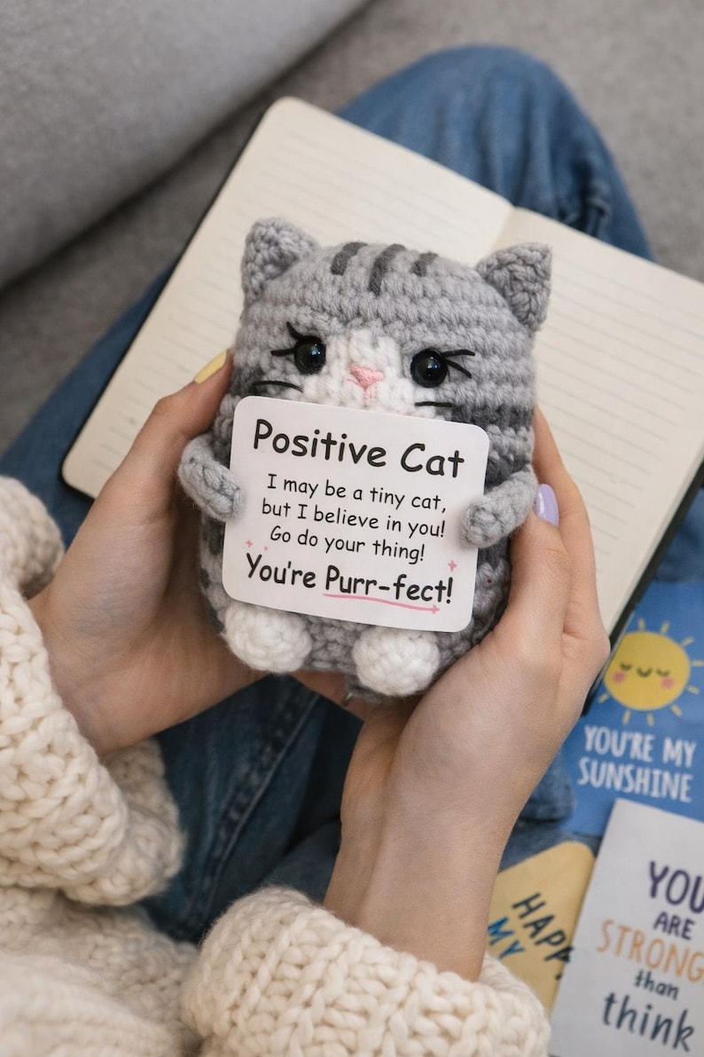 Positive Cat Crochet Plush Cat Lover Gift, Motivational Desk Decor, Small Handmade Cat Gift for Her