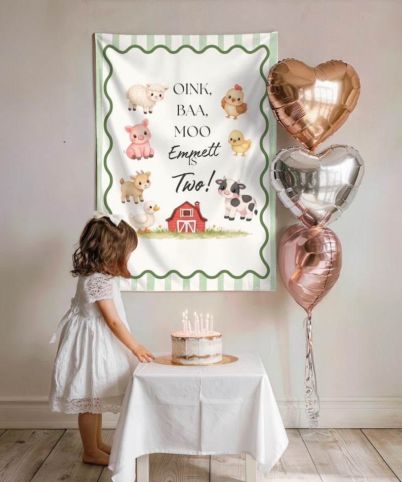 Oink Baa Moo Farm Birthday Backdrop Banner, Custom Name & Age Barnyard Tapestry, Blue Stripe Farm Animals Party Decor, Cake Smash Photo