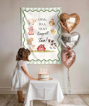 Oink Baa Moo Farm Birthday Backdrop Banner, Custom Name & Age Barnyard Tapestry, Blue Stripe Farm Animals Party Decor, Cake Smash Photo