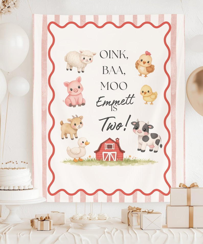 Oink Baa Moo Farm Birthday Backdrop Banner, Custom Name & Age Barnyard Tapestry, Blue Stripe Farm Animals Party Decor, Cake Smash Photo