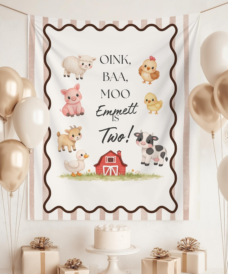 Oink Baa Moo Farm Birthday Backdrop Banner, Custom Name & Age Barnyard Tapestry, Blue Stripe Farm Animals Party Decor, Cake Smash Photo