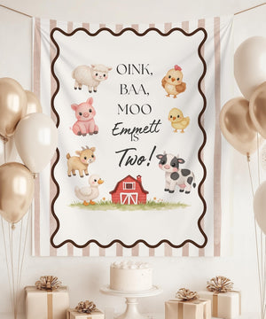 Oink Baa Moo Farm Birthday Backdrop Banner, Custom Name & Age Barnyard Tapestry, Blue Stripe Farm Animals Party Decor, Cake Smash Photo