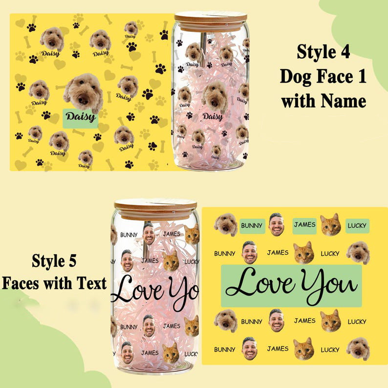 Custom Pet Portrait Glass Cup with Bamboo Lid, Personalized Dog Face Glass Can with Straw, Custom 16oz Iced Coffee Glass Tumbler with Photo