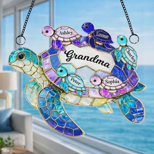 Personalized Grandma Sea Turtle Acrylic Suncatcher, Hanging Home Decor Gift For Granny Children Family, Adorable Birthday Mother's Day Gift