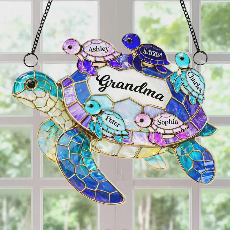 Personalized Grandma Sea Turtle Acrylic Suncatcher, Hanging Home Decor Gift For Granny Children Family, Adorable Birthday Mother's Day Gift