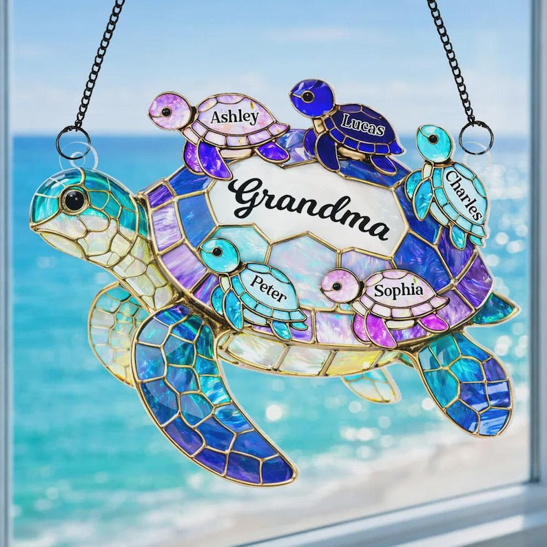 Personalized Grandma Sea Turtle Acrylic Suncatcher, Hanging Home Decor Gift For Granny Children Family, Adorable Birthday Mother's Day Gift