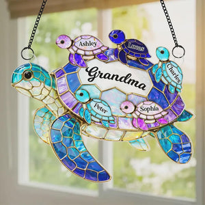 Personalized Grandma Sea Turtle Acrylic Suncatcher, Hanging Home Decor Gift For Granny Children Family, Adorable Birthday Mother's Day Gift