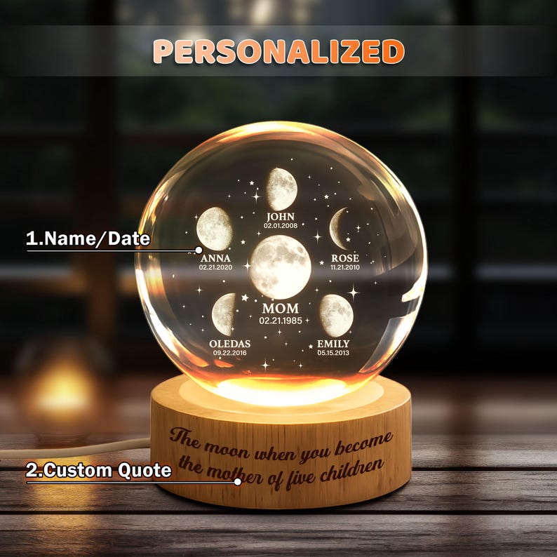 Personalized Mom Moon Phase Night Light, Custom Moon Phase by Date Crystal Light, Mother's Day Gift, Grandma Gift, Gift for Mom