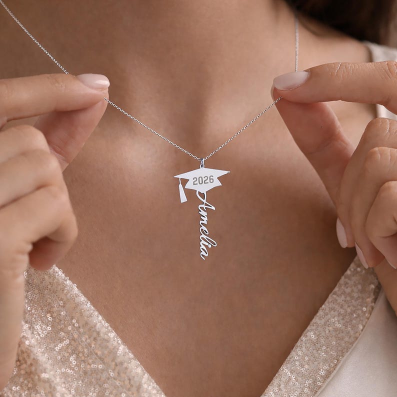 Graduation Name Necklace, Custom Grad Pendant, Senior Gift Jewelry, High School Graduation Gift, Grad Cap Necklace for Her