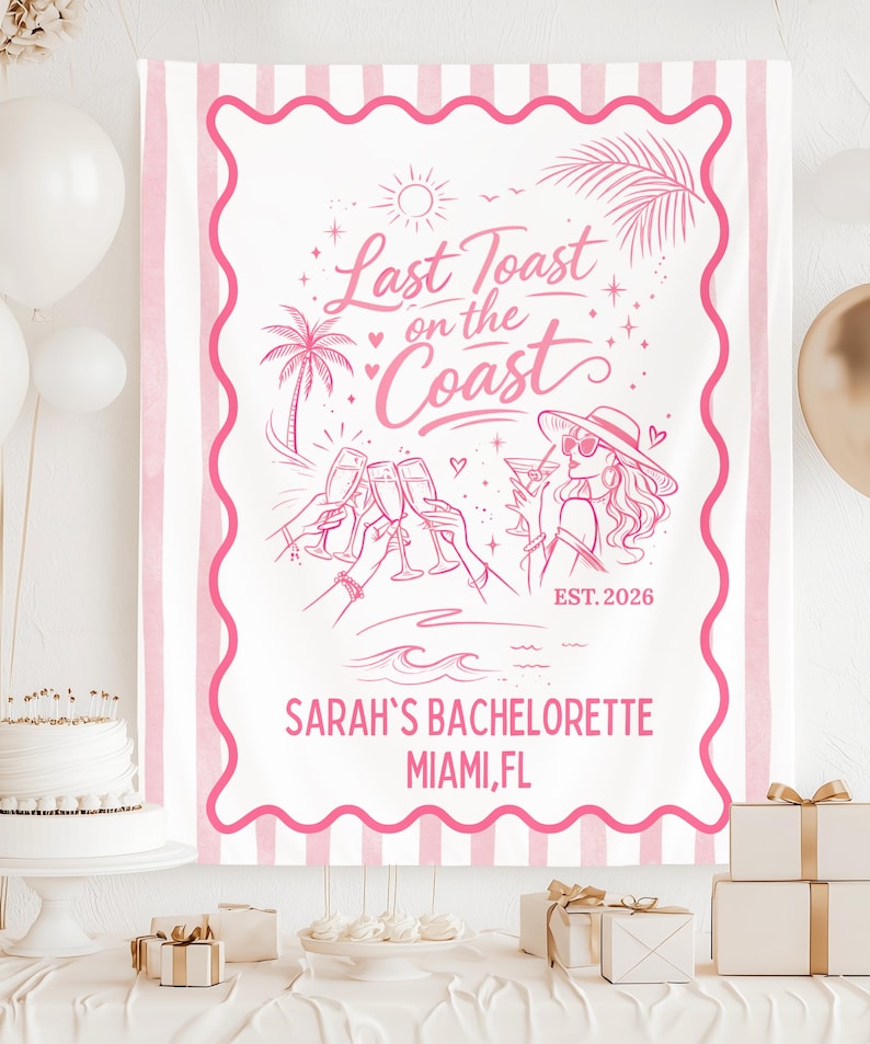 Last Toast on the Coast Bachelorette Banner, Custom Bach Weekend Backdrop, Coastal Cabana Stripe Tapestry, Personalized Name & Destination