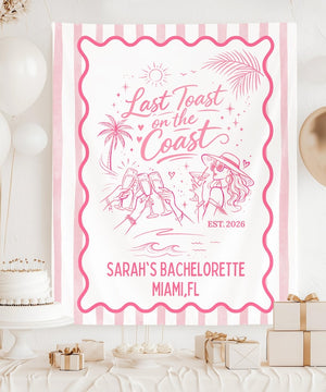 Last Toast on the Coast Bachelorette Banner, Custom Bach Weekend Backdrop, Coastal Cabana Stripe Tapestry, Personalized Name & Destination