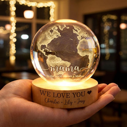 Personalized Mom Crystal Ball LED Night Light, Custom Mother Day Gift, World Map Lamp, LED Wooden Base Keepsake from Kids