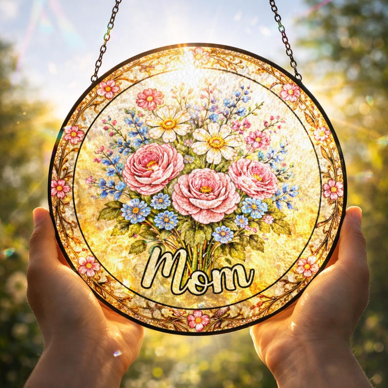 Personalized Mom Garden Suncatcher, Birth Flower Stained Glass Window Hanging, Mother s Day Gift, Grandma Nana Gift, Birthday Gift for her