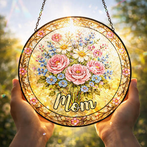 Personalized Mom Garden Suncatcher, Birth Flower Stained Glass Window Hanging, Mother s Day Gift, Grandma Nana Gift, Birthday Gift for her