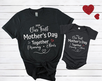 Personalised Matching Our First Mothers Day Shirt, 1st Mother Day Tee and Baby Bodysuit, Custom Mothers Day Gift, Couple New Mom
