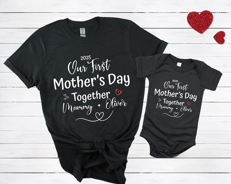 Personalised Matching Our First Mothers Day Shirt, 1st Mother Day Tee and Baby Bodysuit, Custom Mothers Day Gift, Couple New Mom