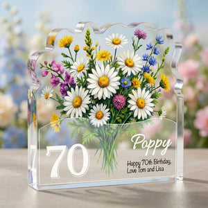 Personalised 70th Birthday Plaque Wildflower Daisy Acrylic Gift for Mum Nan Grandma