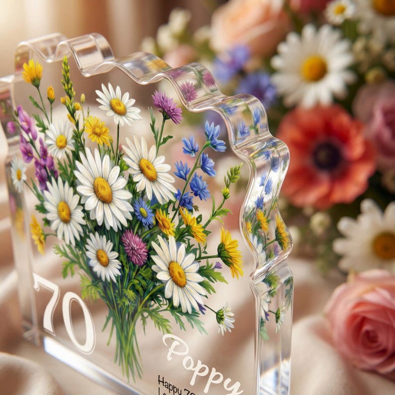 Personalised 70th Birthday Plaque Wildflower Daisy Acrylic Gift for Mum Nan Grandma