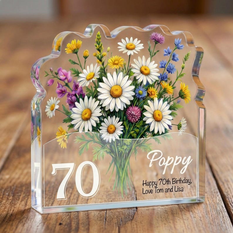 Personalised 70th Birthday Plaque Wildflower Daisy Acrylic Gift for Mum Nan Grandma