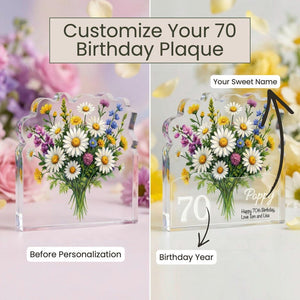 Personalised 70th Birthday Plaque Wildflower Daisy Acrylic Gift for Mum Nan Grandma