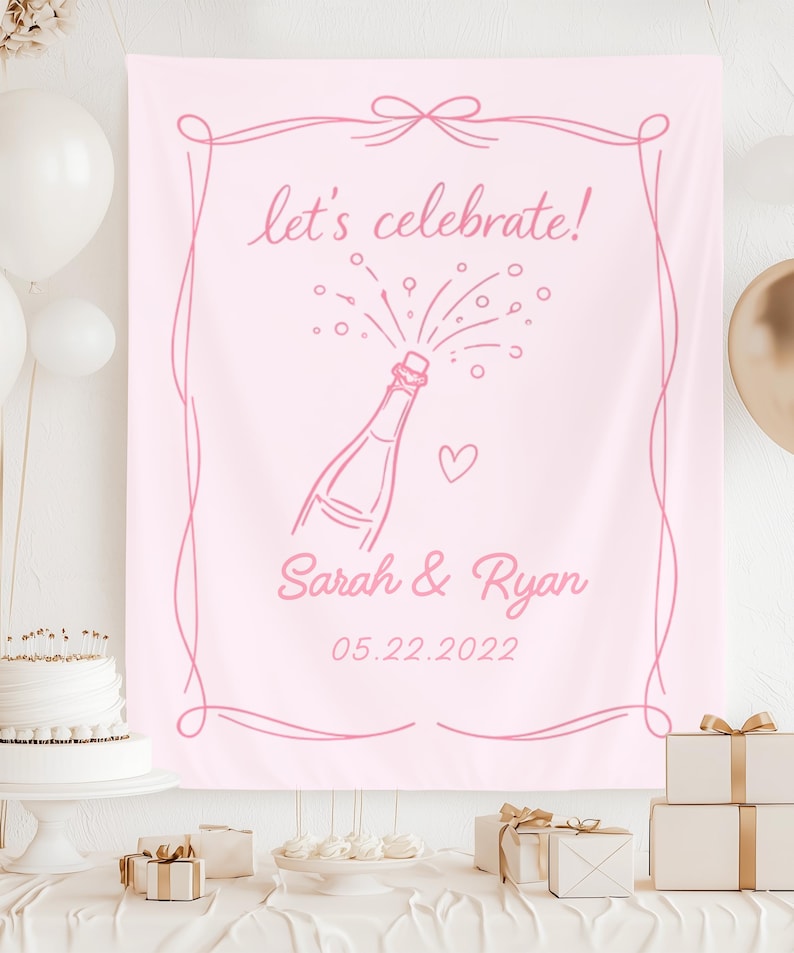 Personalized Let s Celebrate Champagne Banner, Minimal Line Art Party Backdrop, Custom Names & Date, Engagement Wedding Anniversary Decor