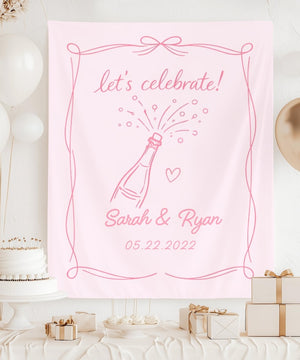 Personalized Let s Celebrate Champagne Banner, Minimal Line Art Party Backdrop, Custom Names & Date, Engagement Wedding Anniversary Decor
