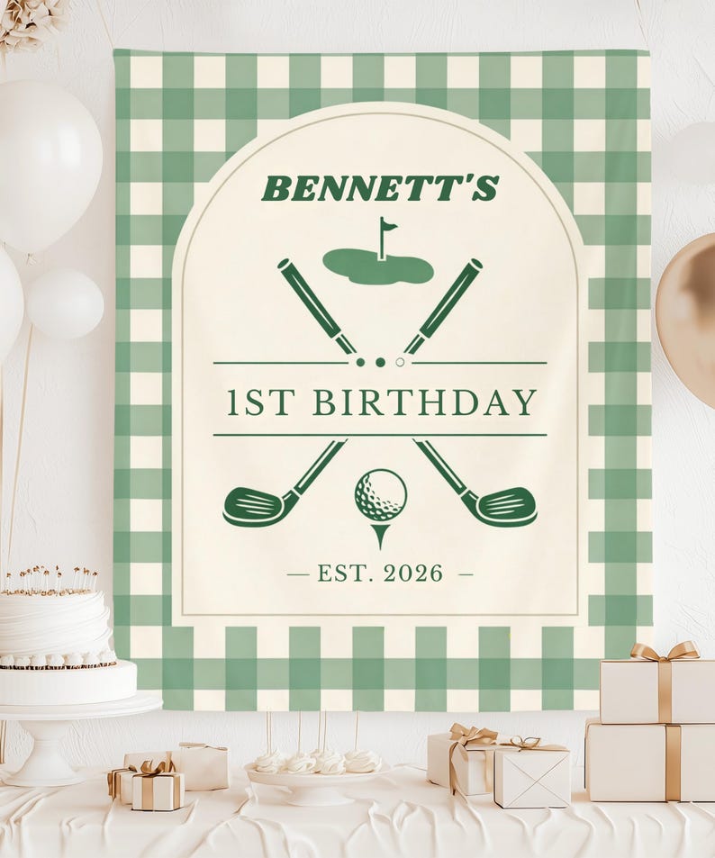Personalized Golf 1st Birthday Banner, Sage Gingham Golf Party Backdrop, Custom Name & Year Tapestry, Preppy Golf First Birthday Decor
