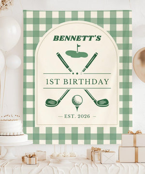 Personalized Golf 1st Birthday Banner, Sage Gingham Golf Party Backdrop, Custom Name & Year Tapestry, Preppy Golf First Birthday Decor