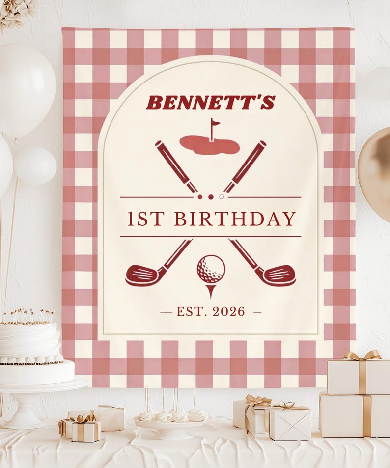 Personalized Golf 1st Birthday Banner, Sage Gingham Golf Party Backdrop, Custom Name & Year Tapestry, Preppy Golf First Birthday Decor