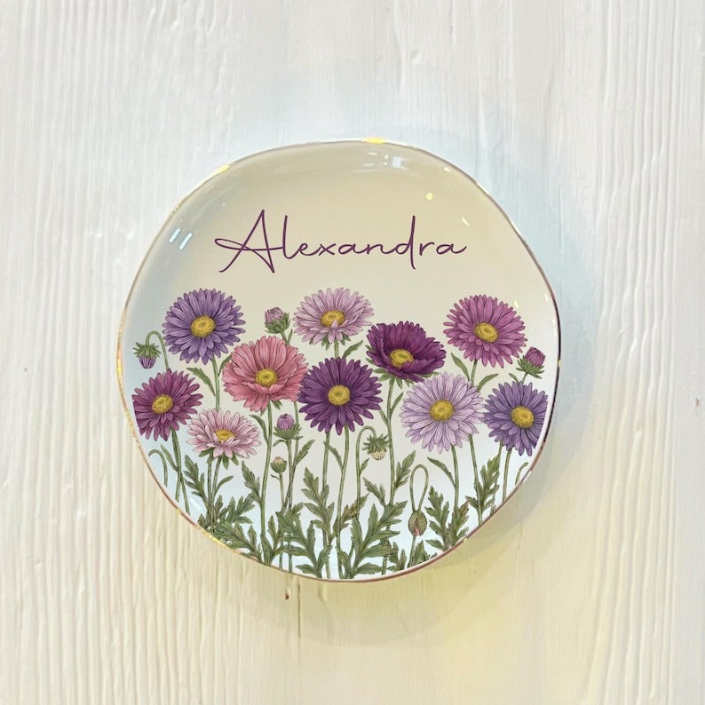 Personalized Watercolor Birth Month Flower Ring Trinket Dish | Birthday Jewelry Dish | Wedding Bridesmaid Gift