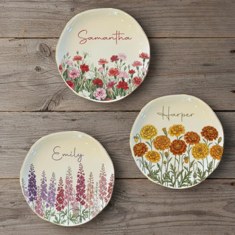 Personalized Watercolor Birth Month Flower Ring Trinket Dish | Birthday Jewelry Dish | Wedding Bridesmaid Gift