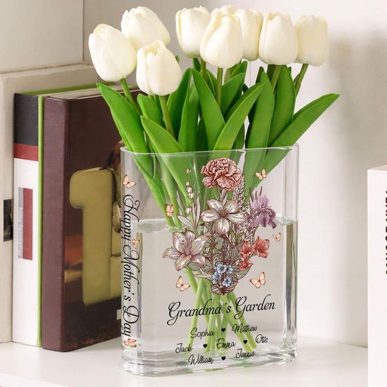 Personalized Grandma Flower Vase, Grandma's Garden Custom Name Vase Gift, Family Birth Flower Vase
