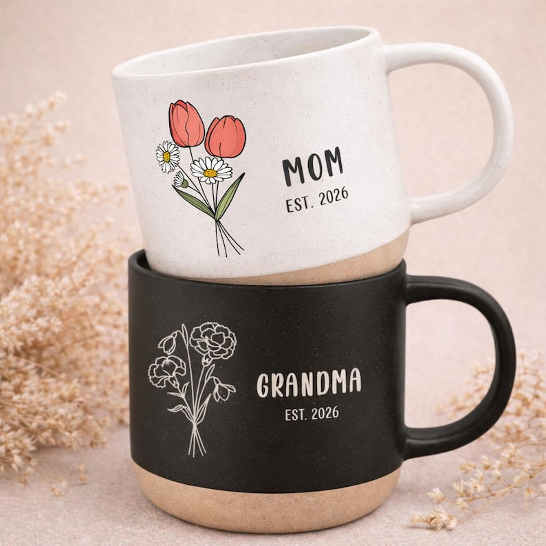 Engraved Birth Flower Coffee Mug, Personalized Pottery Gift, New Grandma Gift, Pregnancy Announcement Mug, Gift for Mom Grandma
